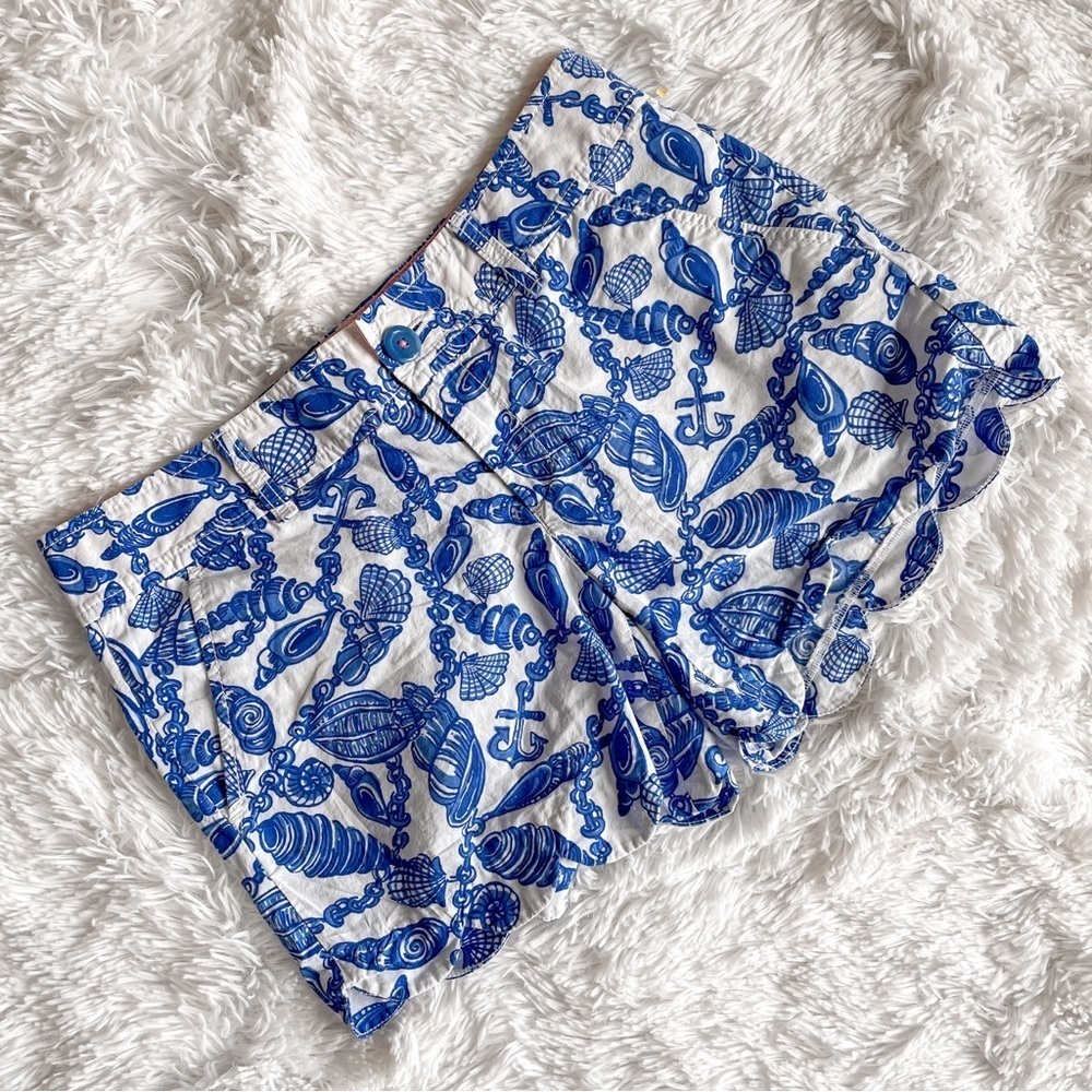 Lilly Pulitzer White and Blue Nautical Shell-Print High Waist Shorts